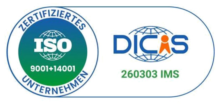Siegel: nach ISO 9001 und ISO 14001 zertifiziertes Unternehmen, DICAS 260303 IMS